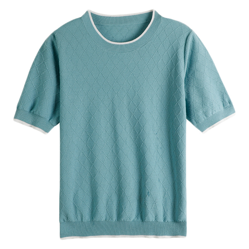 100 Cotton Knitted Short-sleeved Women's Round Neck Color-matching Diamond Half-sleeved Summer Loose Slimming Pullover Thin Base T-shirt