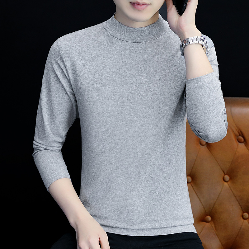 Autumn and winter fleece-lined thick solid color long sleeve T-shirt men's high collar men's base shirt warm men's clothing manufacturers
