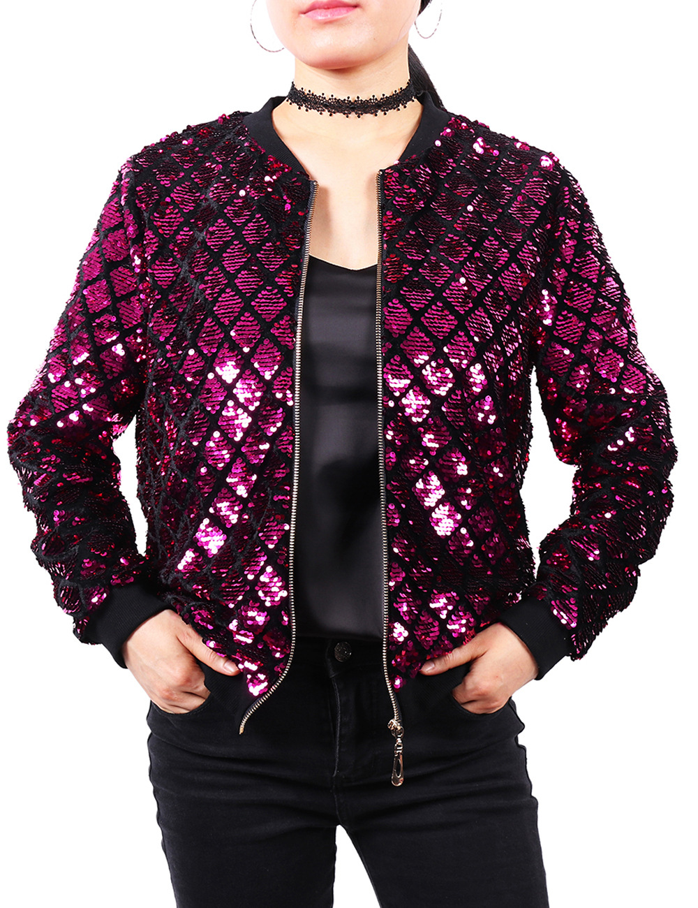 European and American cross-border new Amazon Women's sequined jacket Plaid shiny baseball uniform parka suit good quality