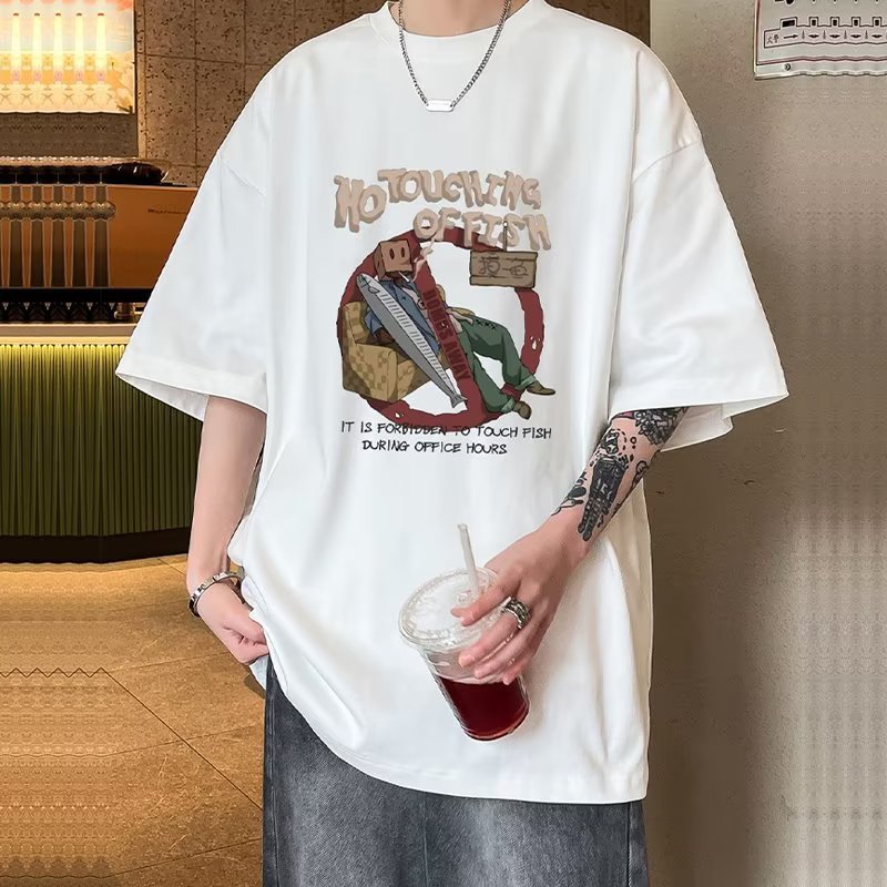  summer new Hong Kong style retro printed short-sleeved T-shirt ins trendy men's oversize loose bottoming shirt