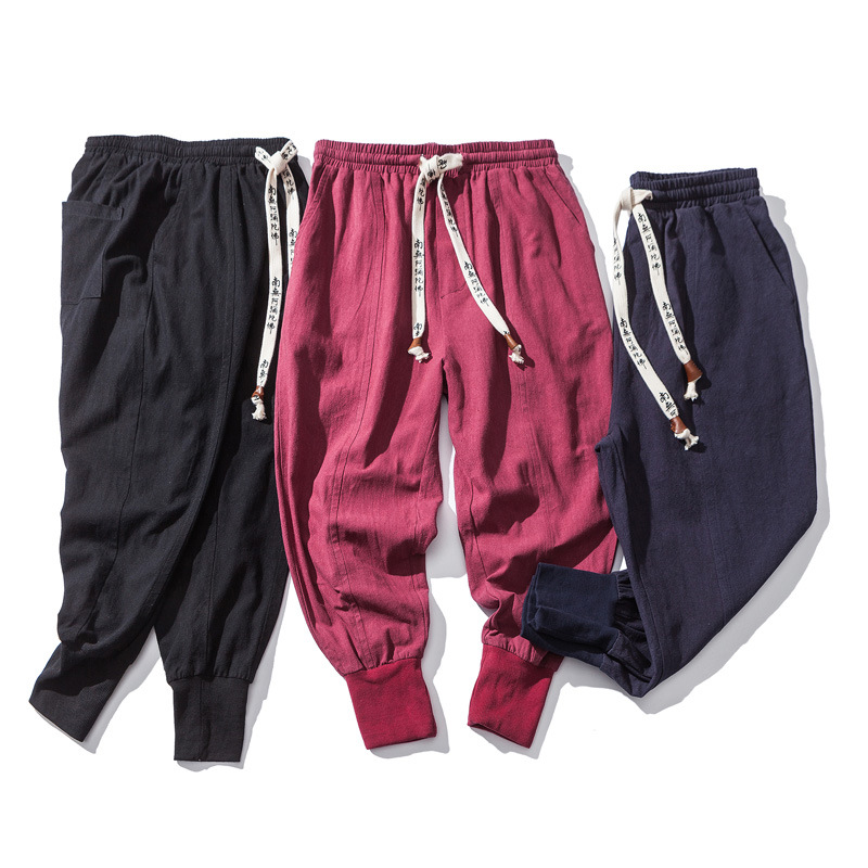 2024 New Solid Color Japanese Style Casual Pants Cotton Linen Breathable Thin Pants Men's Suspenders Cropped Hallen Pants