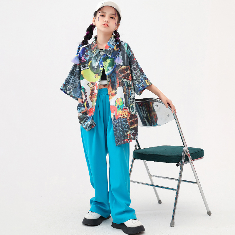 爵士舞服裝女童褲子寬鬆襯衫套裝男童潮服少兒hiphop流行舞演出服