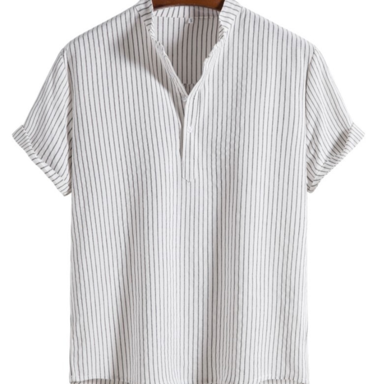Cotton Linen Short-sleeved T-shirt Men's Summer Foreign Trade Youth Loose Striped Sports Short-sleeved Pullover Stand Collar Polo Men's T-shirt