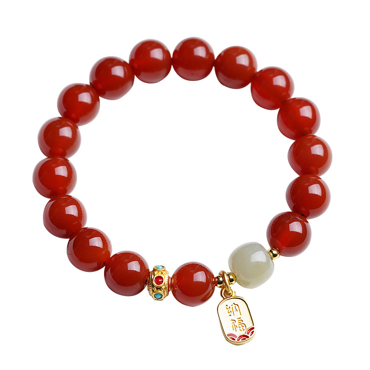 Natural Red Agate Bracelet Female Hetian Jade Bracelet Benmingnian Red Bean Antique Transfer Bead Acacia Bean Jewelry
