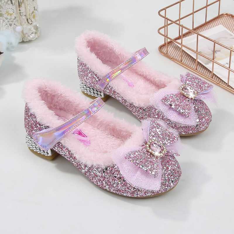 Girls Princess Shoes Women's Royal Blue Crystal Shoes Winter New Velvet Shoes Fashion Bow Elsa High Heels