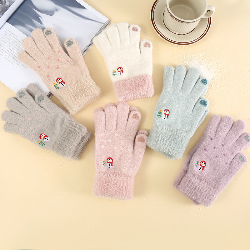 Gloves women's winter plus velvet padded snowman outdoor cold-proof plush warm cute knitted touch screen gloves wholesale