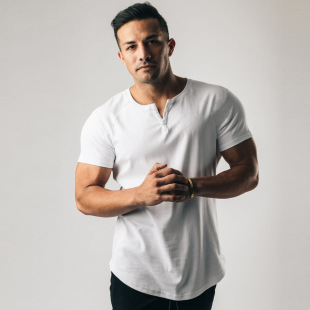 Muscle Men's Cotton Round Neck T-Shirt Sports Short Sleeve Henry Shirt European and American Style Tough Guy Fitness Training Button Shirt V-Neck