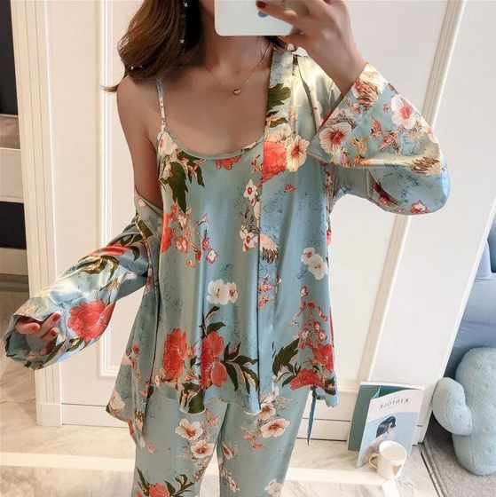 2023 new European and American color home dress nightgown three-piece fashion comfortable lace pajamas set Wholesale