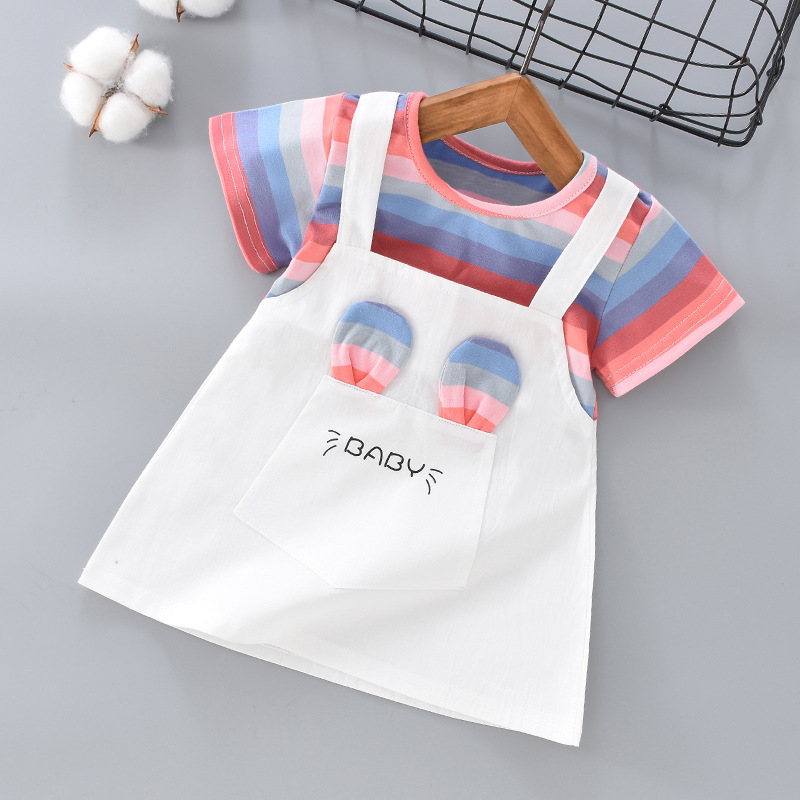Girls summer dress 2025 new style cotton thin summer short sleeve girls children's skirt fake two pieces