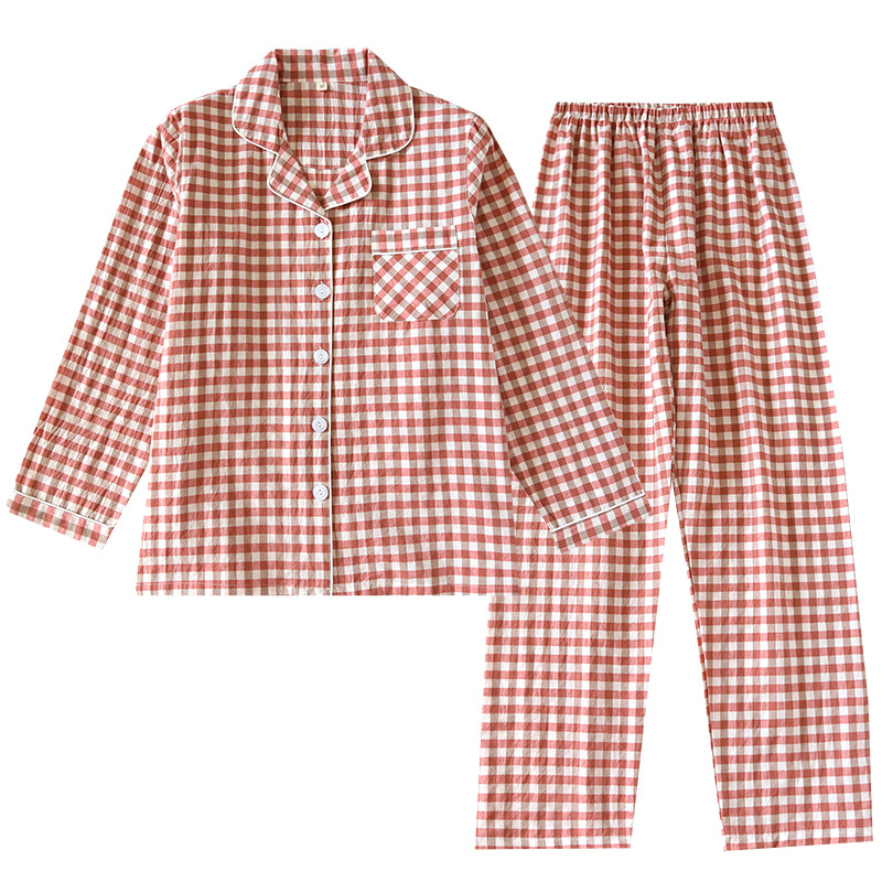 Japanese Style Plaid Couple Pajamas Women's Spring and Autumn Pure Cotton Cotton Thin Summer Men's Autumn and Winter Long Sleeve Home Suit