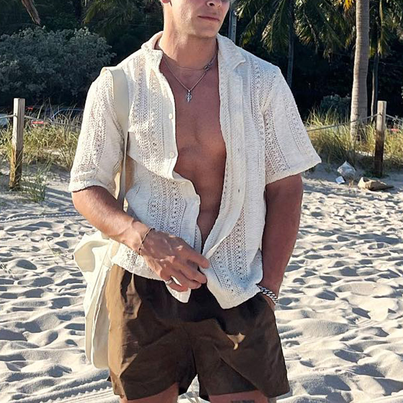 Casual Draping Hollow Lace Shirt Men's Shirt European Station Men's Casual Fashion Boys Short Sleeve Wholesale