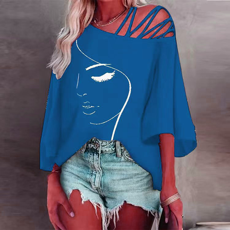 New Wholesale Amazon Independent Station Autumn European and American Fashion Stitching Loose Casual Top Women Printed T-Shirt