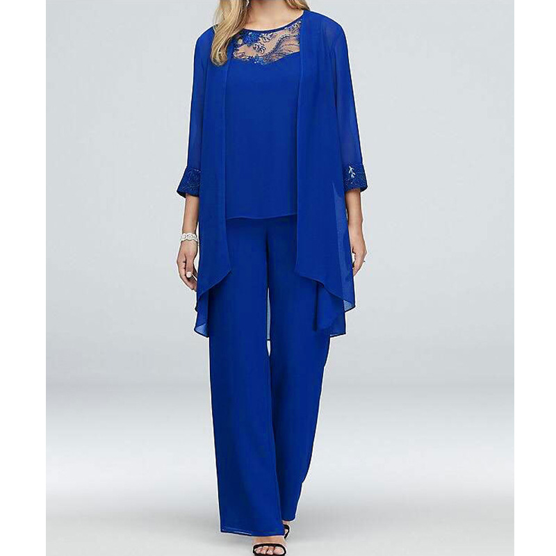 Fashion Suit Crewneck Lace Stitching Chiffon Cardigan Straight Pants Three-piece Suit Women