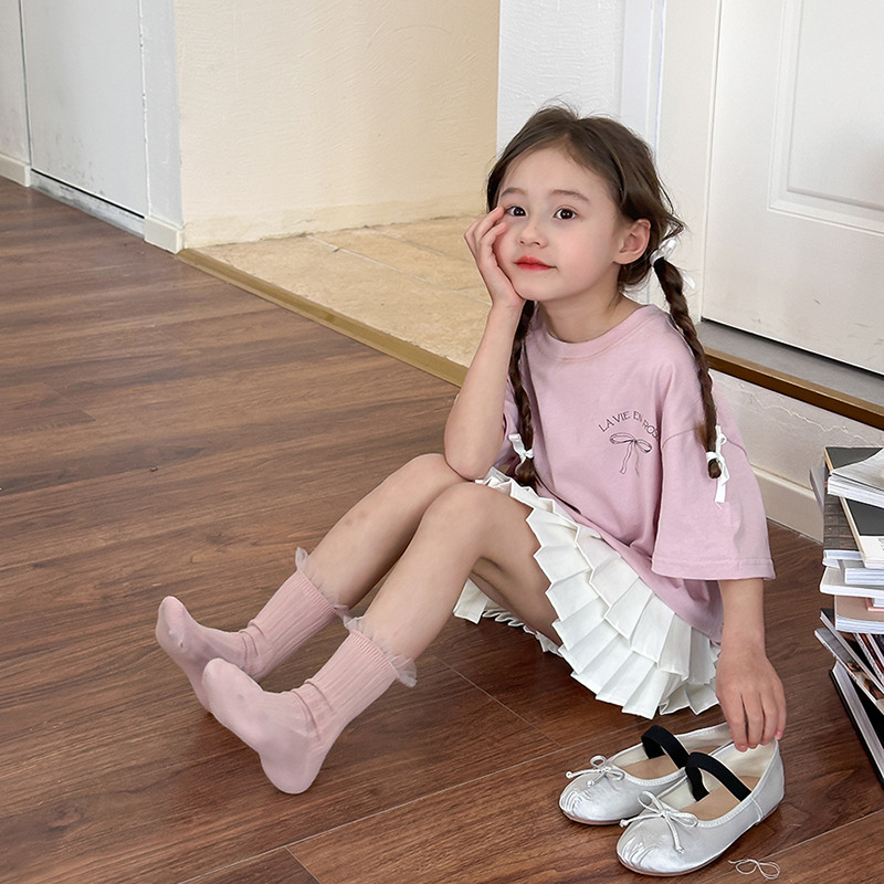 Emo Beibei Children's Clothing 2024 Summer Children's Short-sleeved Large and Small Girls Han Fan Loose Back Bow T-shirt