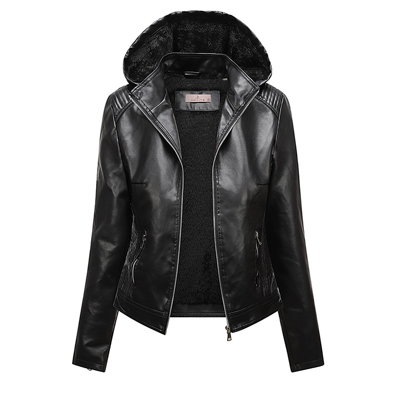 6XL Cross-border Hooded Fleece-lined Leather Jacket Women's Wear Removable Large Size Leather Jacket Women's Spring and Autumn Coat Women's PU Washable Leather