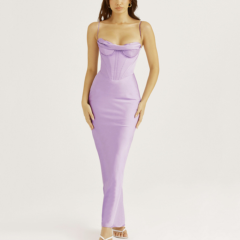 Europe and the United States sexy women's dress Amazon new sexy pile collar satin Fishbone pleated suspender dress