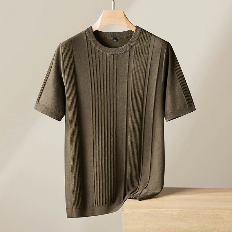 Plus size round neck men's short sleeve Spring and Autumn new fat loose sweater plus size casual Jacquard knitted half sleeve
