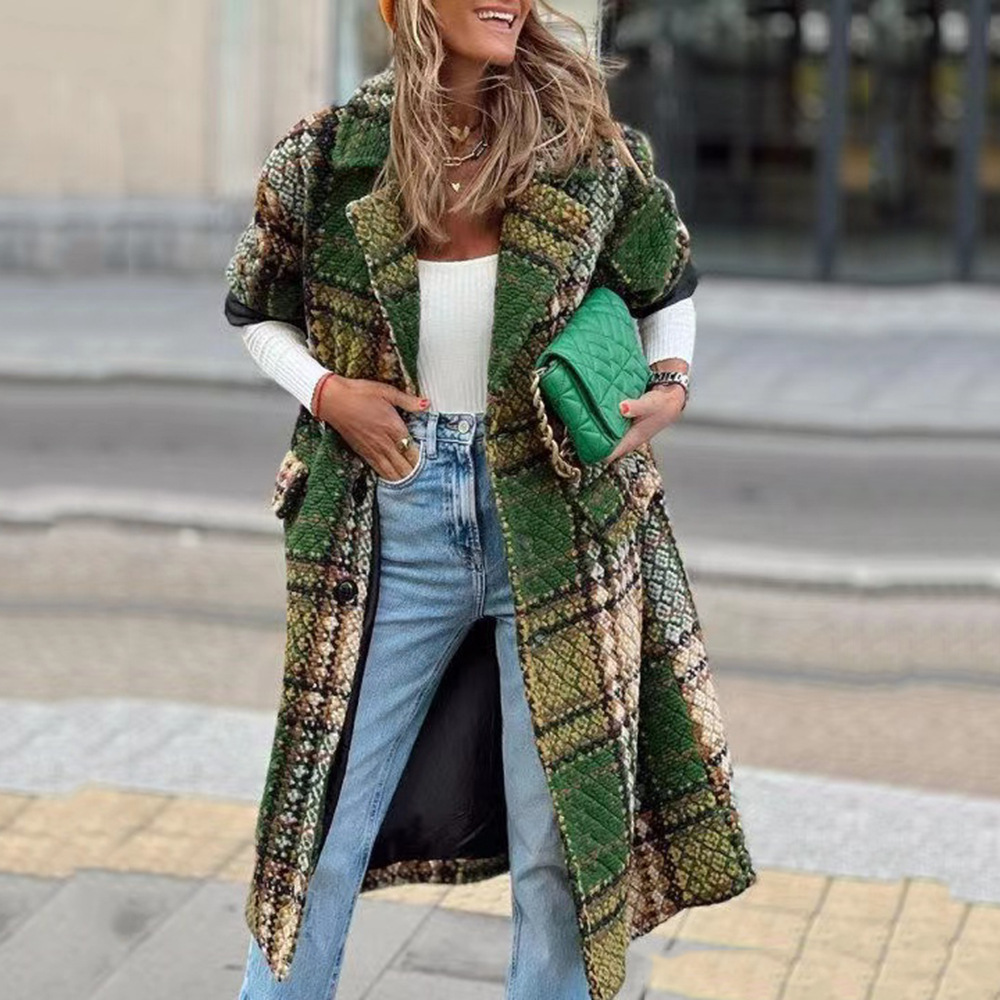 S9312 2024 Cross-border Autumn and Winter New European and American Women's Fashion Long Sleeve Lapel Coat Printed Woolen Long Coat_voghion.com