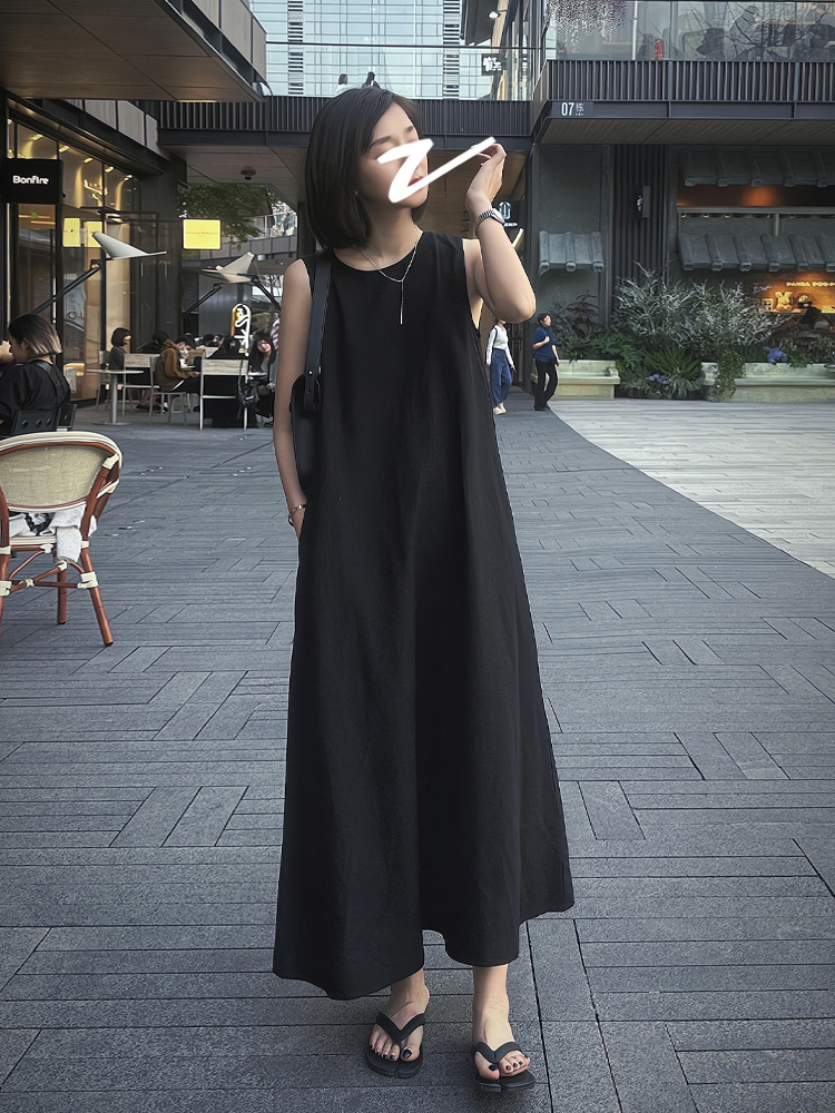 2024 New French Style Hepburn Style Long Dress Women's Summer Chic and Unique Black Back Hollow-Out Sleeveless Vest