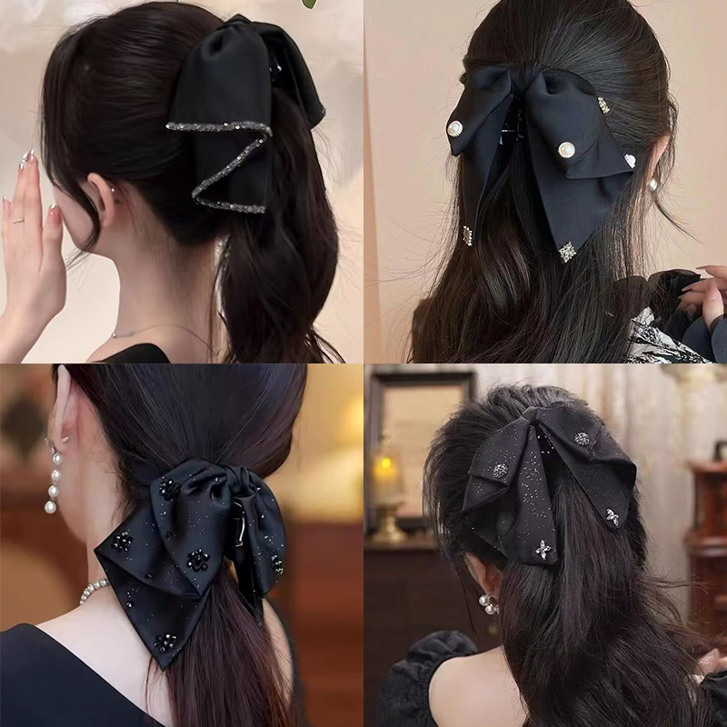 Vintage Satin Bow Grab Clip Women's High-end Elegant Low Pontail Clip Back Head Clip Headwear Hairclip