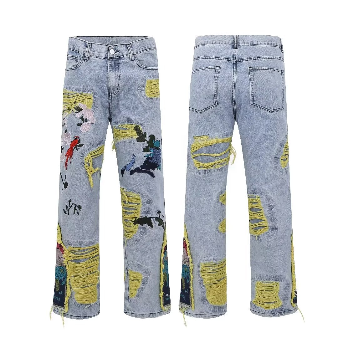 American Style Hong Kong Style Original American Style Street Heavy Embroidered Ripped Jeans Men's 2023 New Long Pants