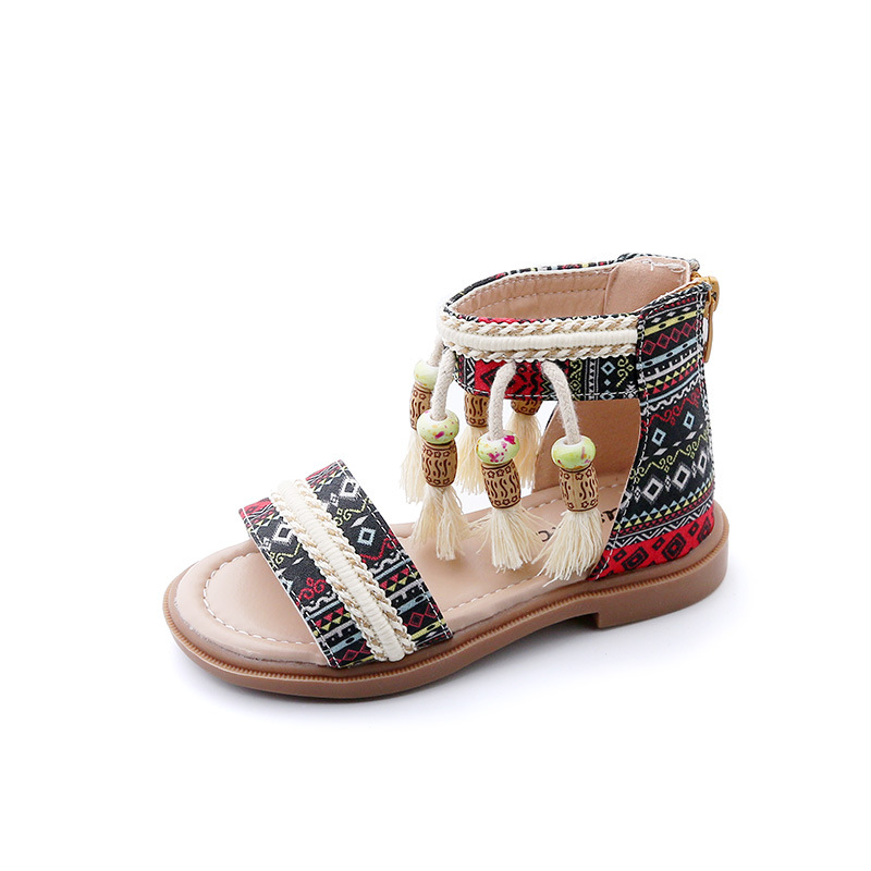 Girls' sandals 2023 Summer new fashion all-match princess shoes ethnic style children's tassel soft sole shoes