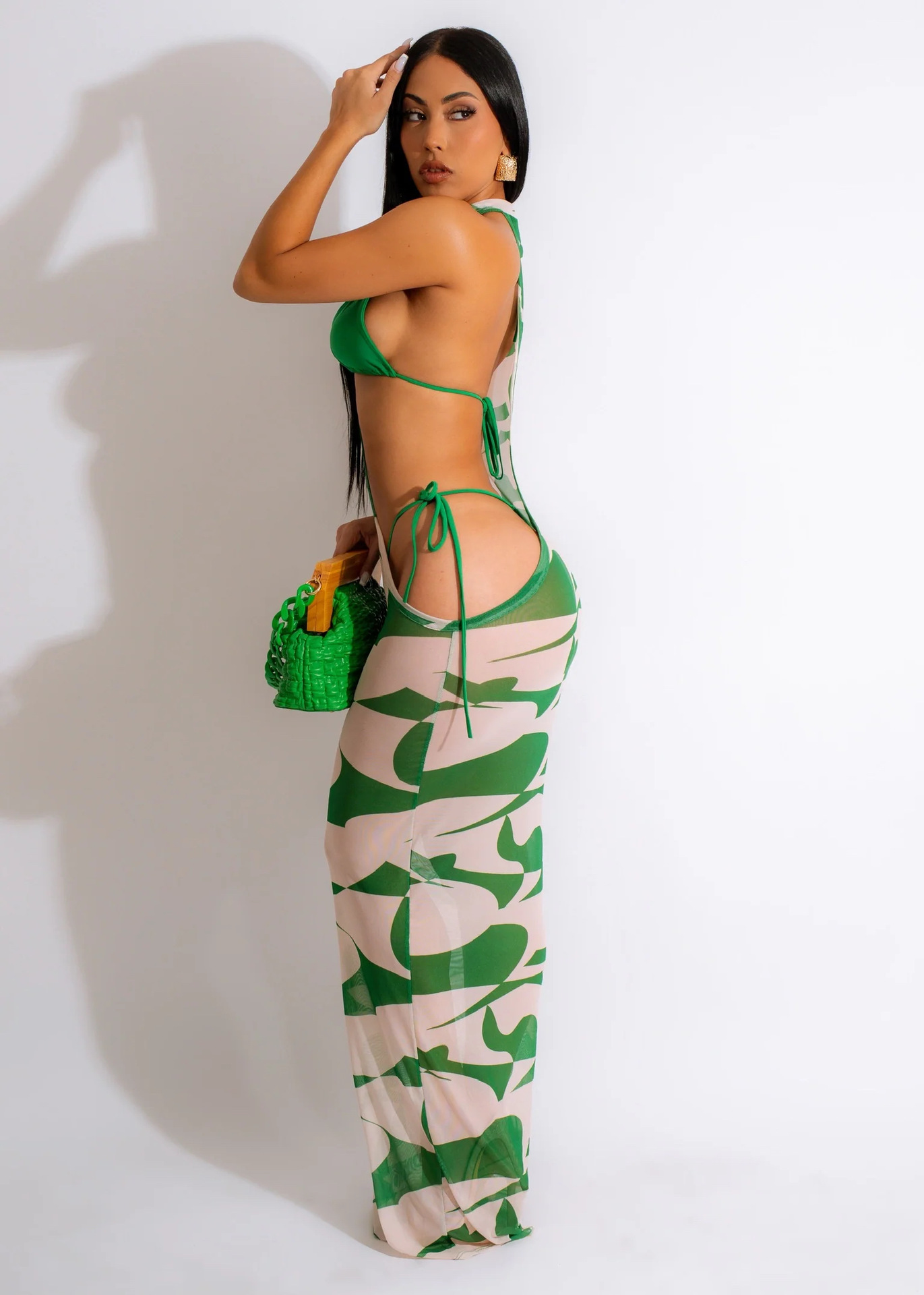Y5243 European and American women's summer digital printing irregular mesh dress (only dress)