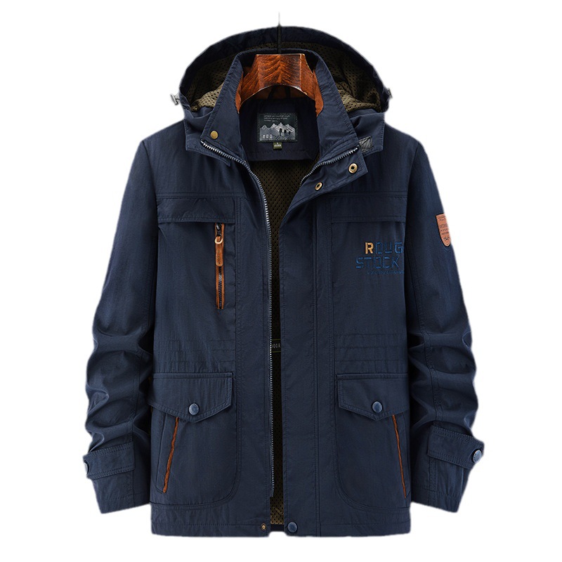Spring and Autumn New jacket men's outdoor casual multi-pocket mid-length jacket plus size waterproof men's jacket