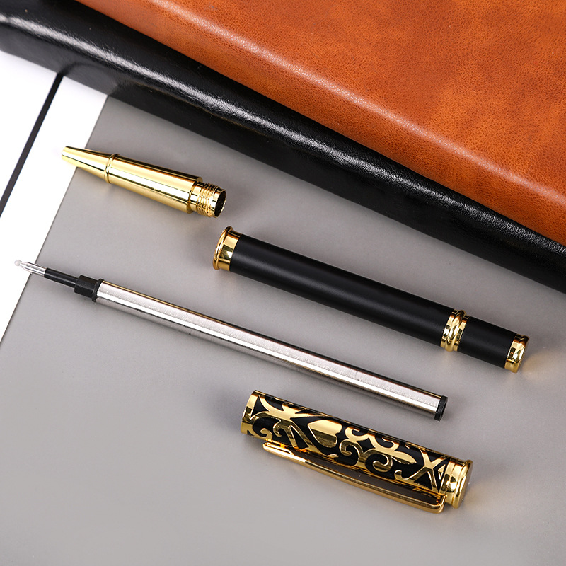 Black business metal signature pen printing logo hollow carved pearl pen 0.5mm gel pen advertising water pen