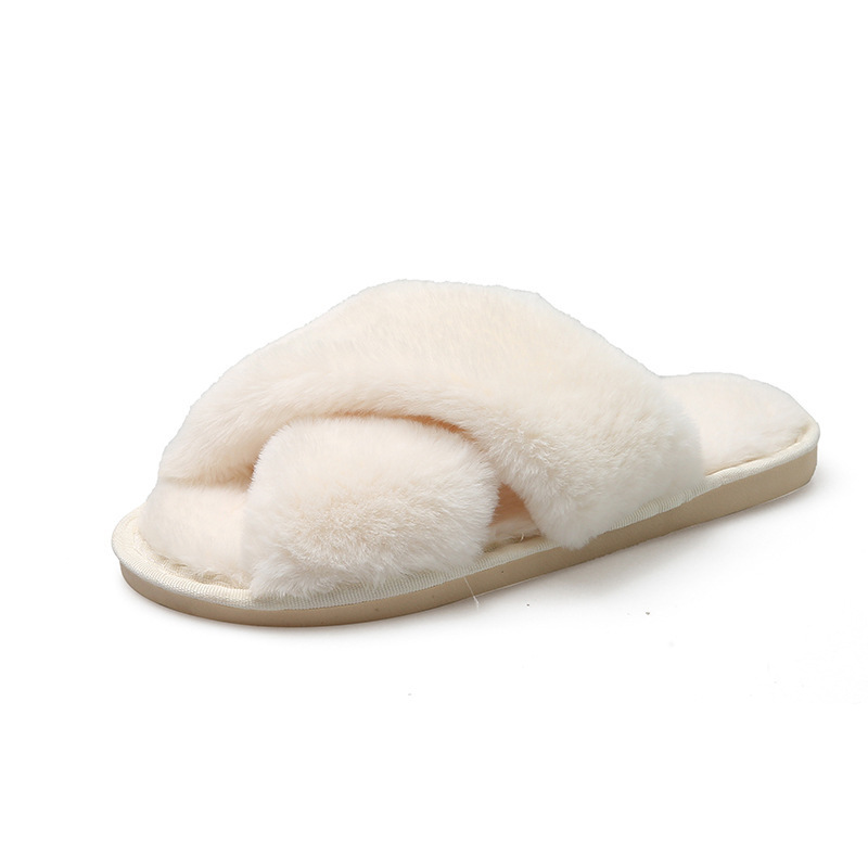 Amazon Large Size Fluffy Slippers Home Cross Open Toe Outwear Fluffy Slippers Women's Flat Cotton Slippers Warm Women's Shoes
