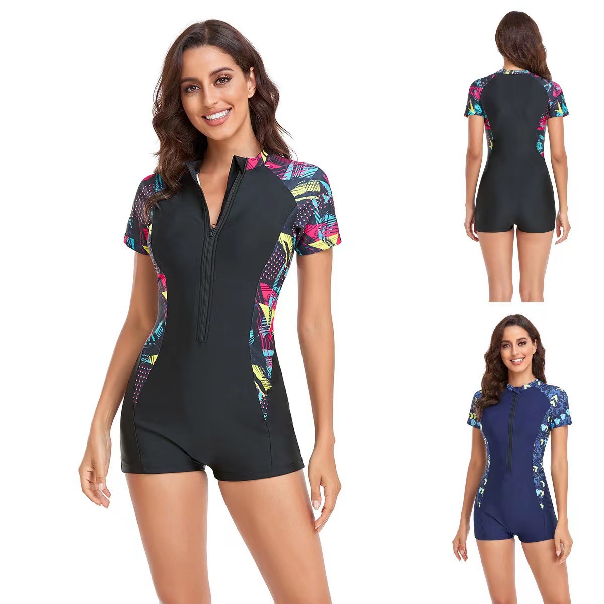 European and American Foreign trade one-piece boxer long-sleeved surfing suit sun-proof women's swimsuit Amazon printed swimsuit