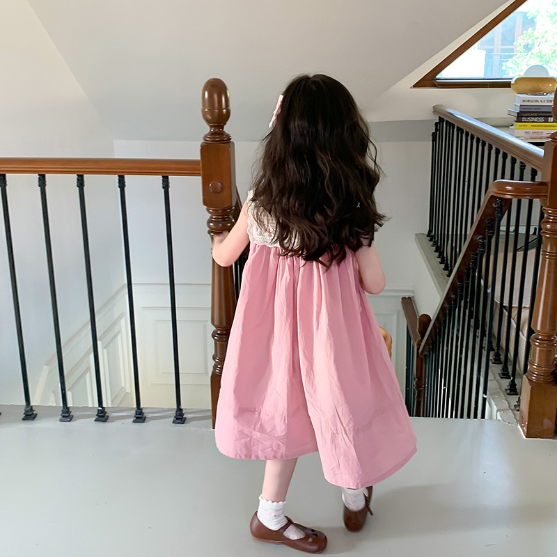 Emo Beibei Girls Pink Lace Embroidered Princess Tank Dress Summer Children's Elegant Sleeveless Refreshing Dress