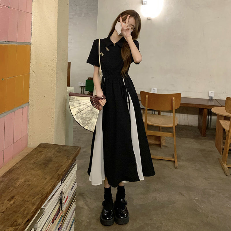 Improved Cheongsam Tea Break French Elegant Black Dress Short Long Dress 2024 New Women's Clothing
