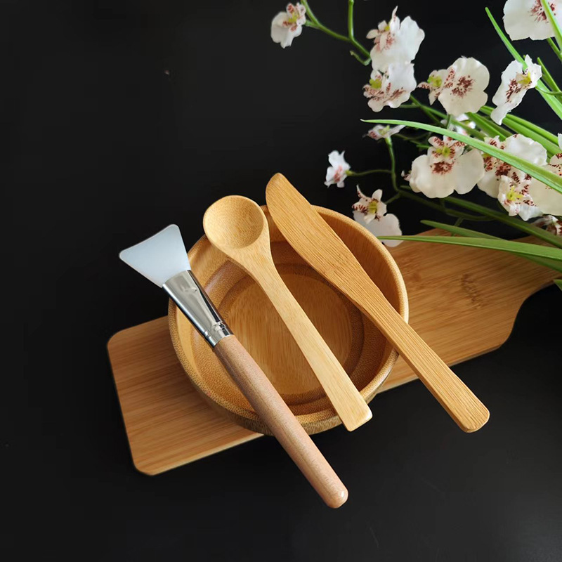 Bamboo Bowl Mask Bowl Mixing Knife Beauty Spoon Brush suit Household Beauty Diy Mask Tool Four-piece Set