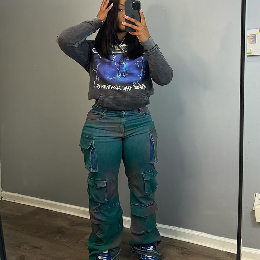 European and American cross-border women's clothing Amazon popular fashion personality trend multi-pocket tie-dyed jeans high waist straight pants
