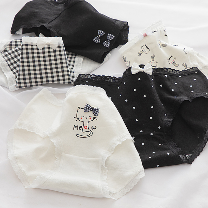 Japanese Style Simple Black and White Cat Printed Cute Girl's Underwear Women's Cotton Crotch Bag Hip Mid-waist Student's Briefs