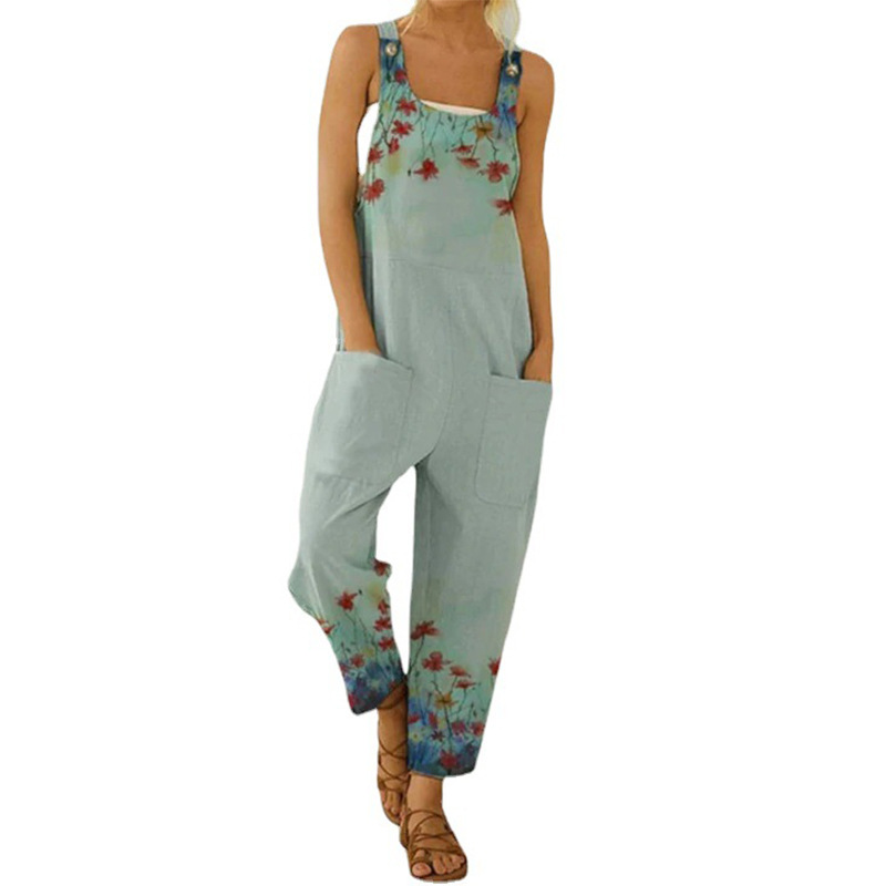 2023 Cross-border Amazon Summer New Women's Foreign Trade Retro Abstract Printed Women's Strap Large Size Jumpsuit