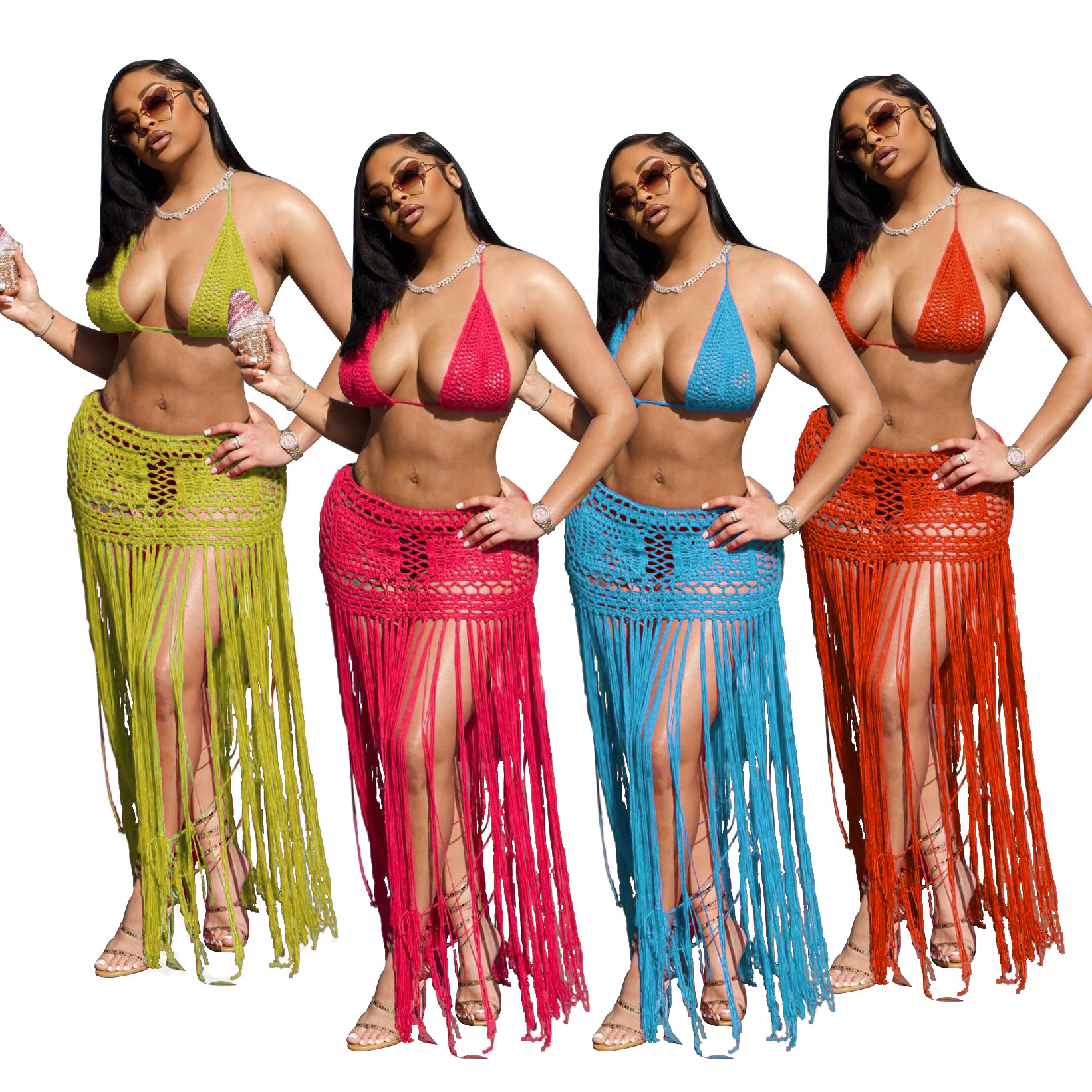 AJ4462 new AliExpress foreign trade women's long tassel European and American woven solid color tassel beach skirt