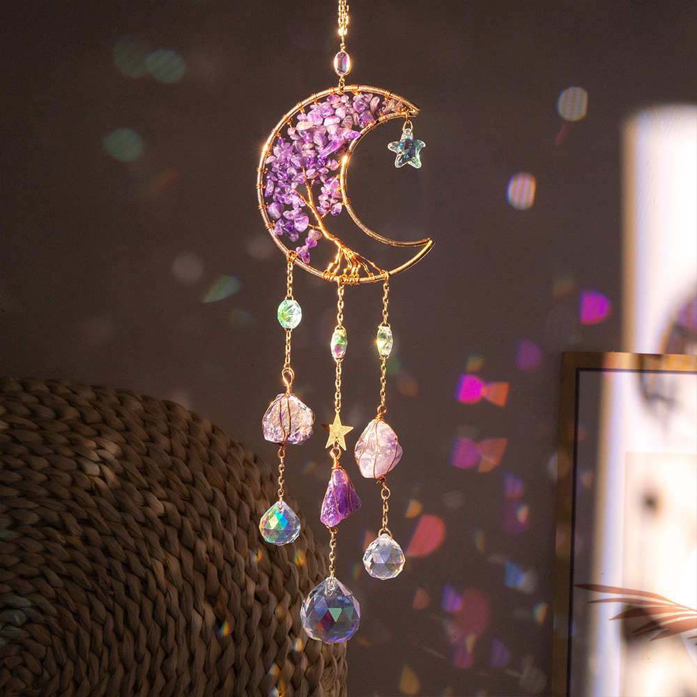 Amazon Natural Amethyst Gravel Moon Sun Catcher Wind Bell Lighting Pendant Home Decoration Gift Wholesale