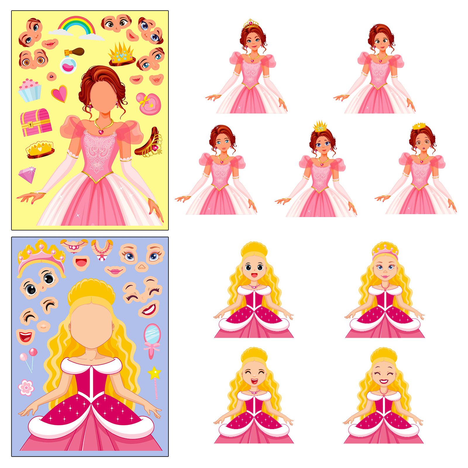 6-48/Pack Princess Face Changing Sticker Puzzle Sticker Cartoon Princess Face Changing Make a face Toy Collage Sticker