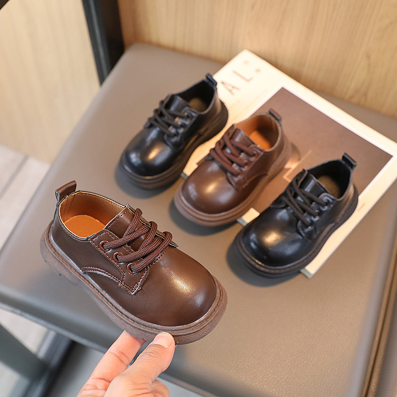 Children's small leather shoes 2023 spring new girls simple British small children's shoes lace-up boys shoes