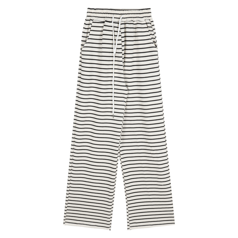 Hot Girl Striped Drawstring Dagging Casual Pants Women's Summer Korean Style Straight Pants Loose High Waist Wide Leg Pants
