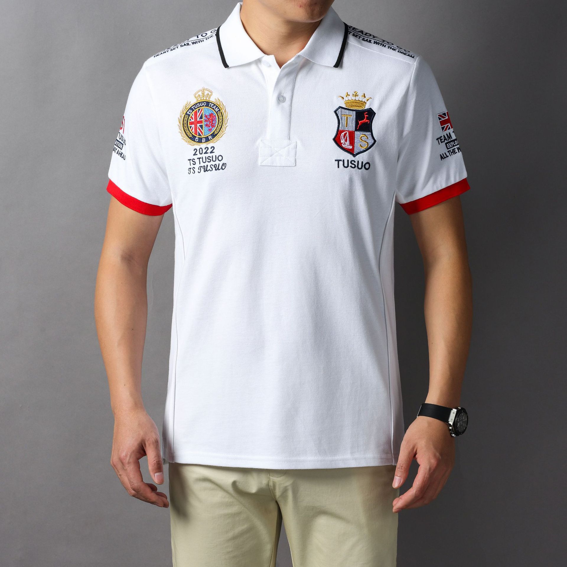 Short-sleeved polo shirt men's white British sports British royal leisure cotton cross-border trade plus size white embroidery