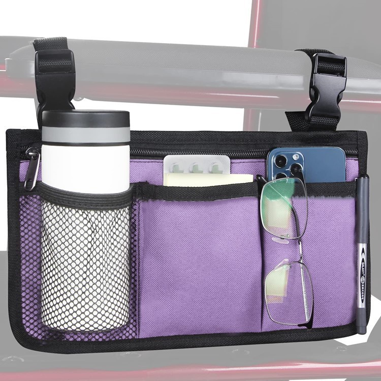 Wheelchair side storage bag with cup holder and reflective stripe armrest bag, suitable for most wheelchair walkers.