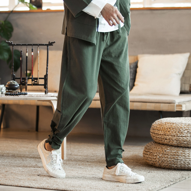 Spring and Summer Solid Color Cotton and Linen Buckle Ankle Pants Chinese Style Casual Trendy Japanese Style Men's Linen Pants
