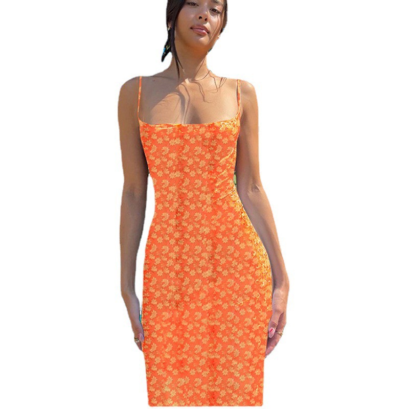 Amazon European and American Fashion Women's 2023 Spring and Summer New Sexy Slim-fit Sling Printed Backless Dress for Women