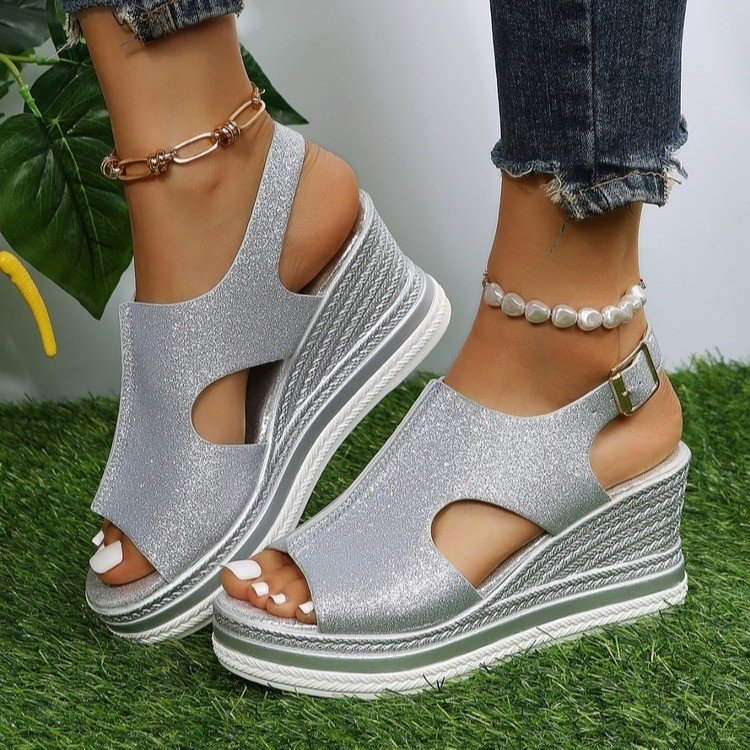 AliExpress wish Belt Buckle Wedge Sandals Women's 2023 New Mid-heel Platform Thick Bottom Hollow Peeple Sandals