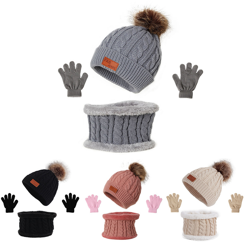 Cross-border European and American children's hat scarf gloves three-piece autumn and winter New Single ball baby hat
