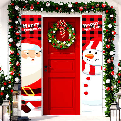 Amazon New Christmas Couplets Santa Claus Square Plaid Holiday Decorative Door Curtain Flag Christmas Couplets