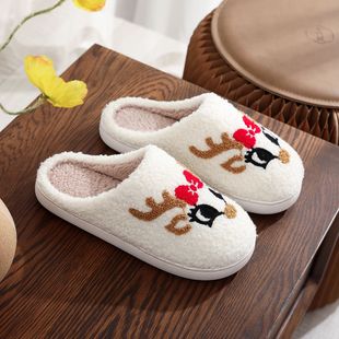 Cross-border in stock cute antler Christmas element cotton slippers for women fleece-lined thickened home warm autumn and winter slippers neutral
